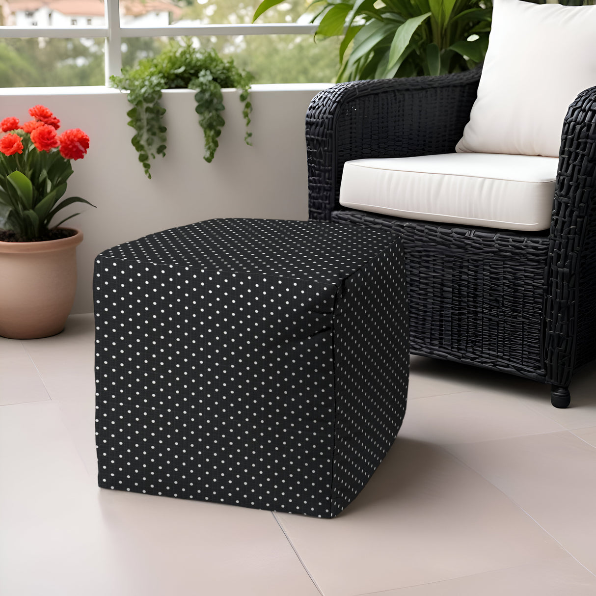 17" Turquoise Polyester Cube Polka Dots Indoor Outdoor Pouf Ottoman