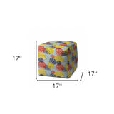 17" Green Polyester Cube Floral Indoor Outdoor Pouf Ottoman