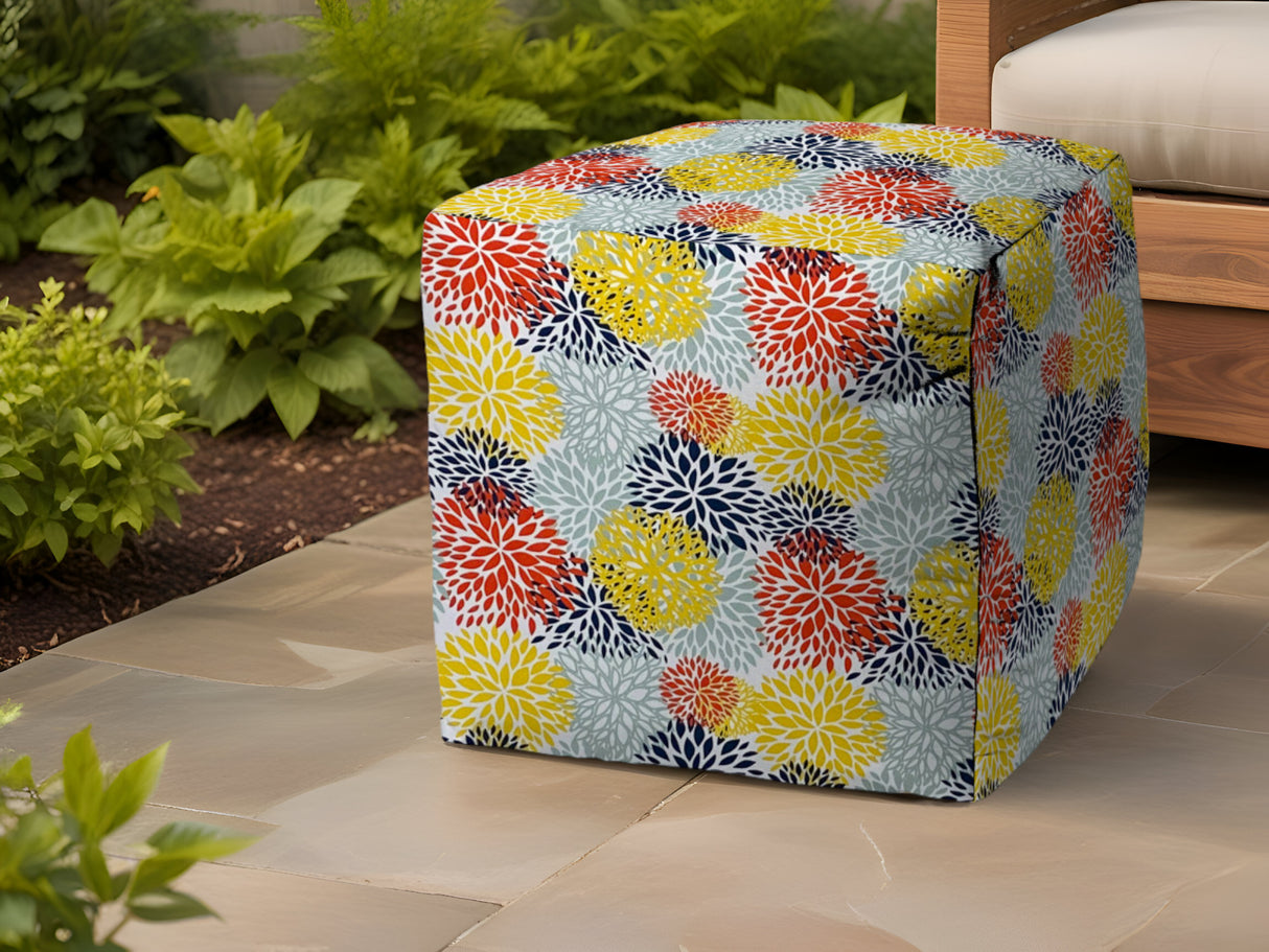 17" Green Polyester Cube Floral Indoor Outdoor Pouf Ottoman