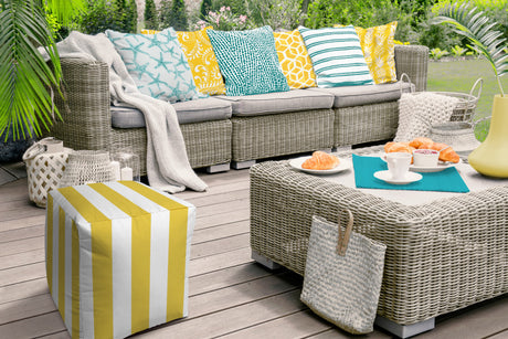 17" Yellow And White Polyester Cube Striped Indoor Outdoor Pouf Ottoman