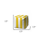 17" Yellow And White Polyester Cube Striped Indoor Outdoor Pouf Ottoman