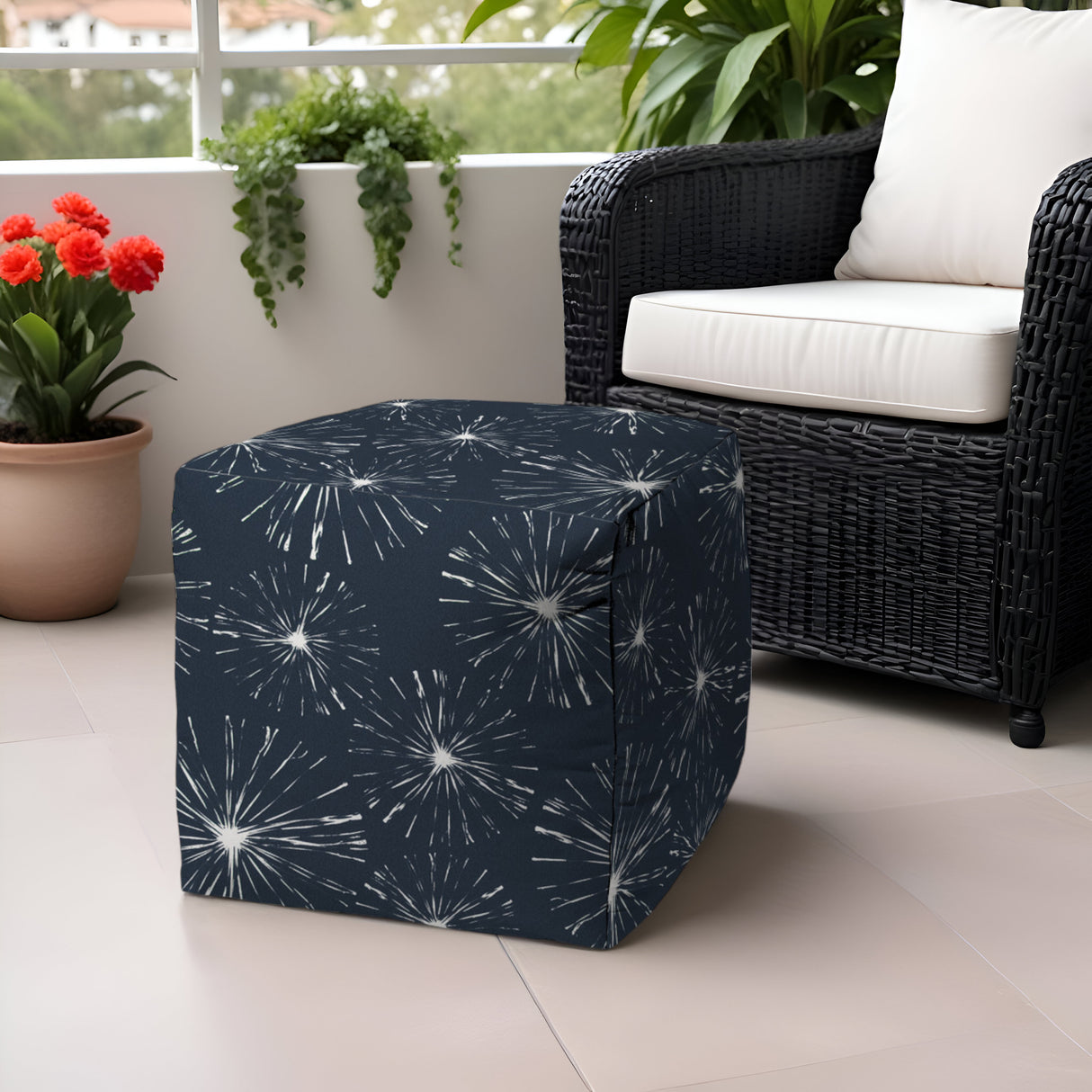 17" Blue Polyester Cube Geometric Indoor Outdoor Pouf Ottoman