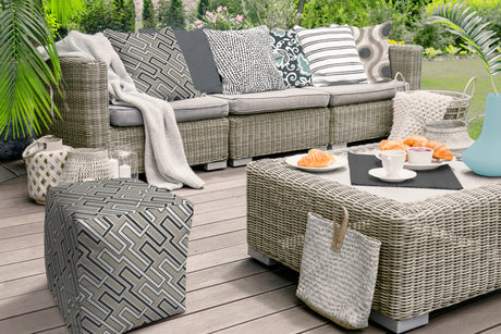 17" Taupe Polyester Cube Geometric Indoor Outdoor Pouf Ottoman