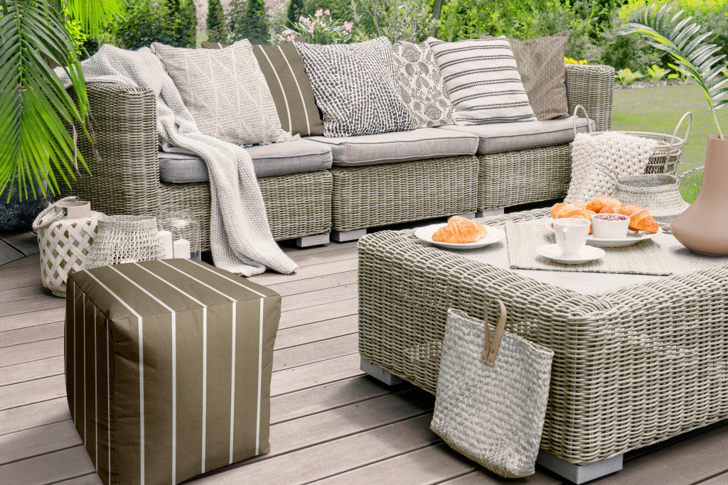 17" Taupe Polyester Cube Striped Indoor Outdoor Pouf Ottoman