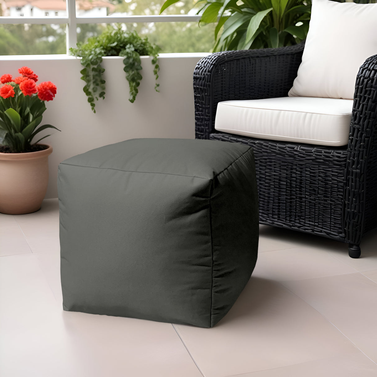 17" Gray Canvas Cube Outdoor Pouf Cover