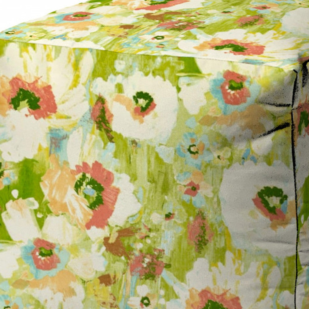 17" Green Cube Floral Indoor Outdoor Pouf Cover