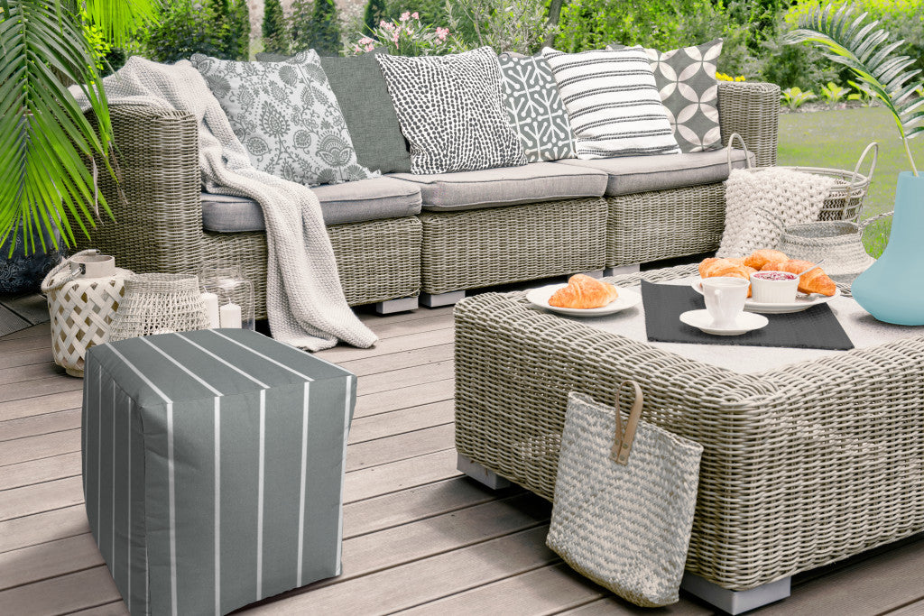 17" Taupe Cube Striped Indoor Outdoor Pouf Cover