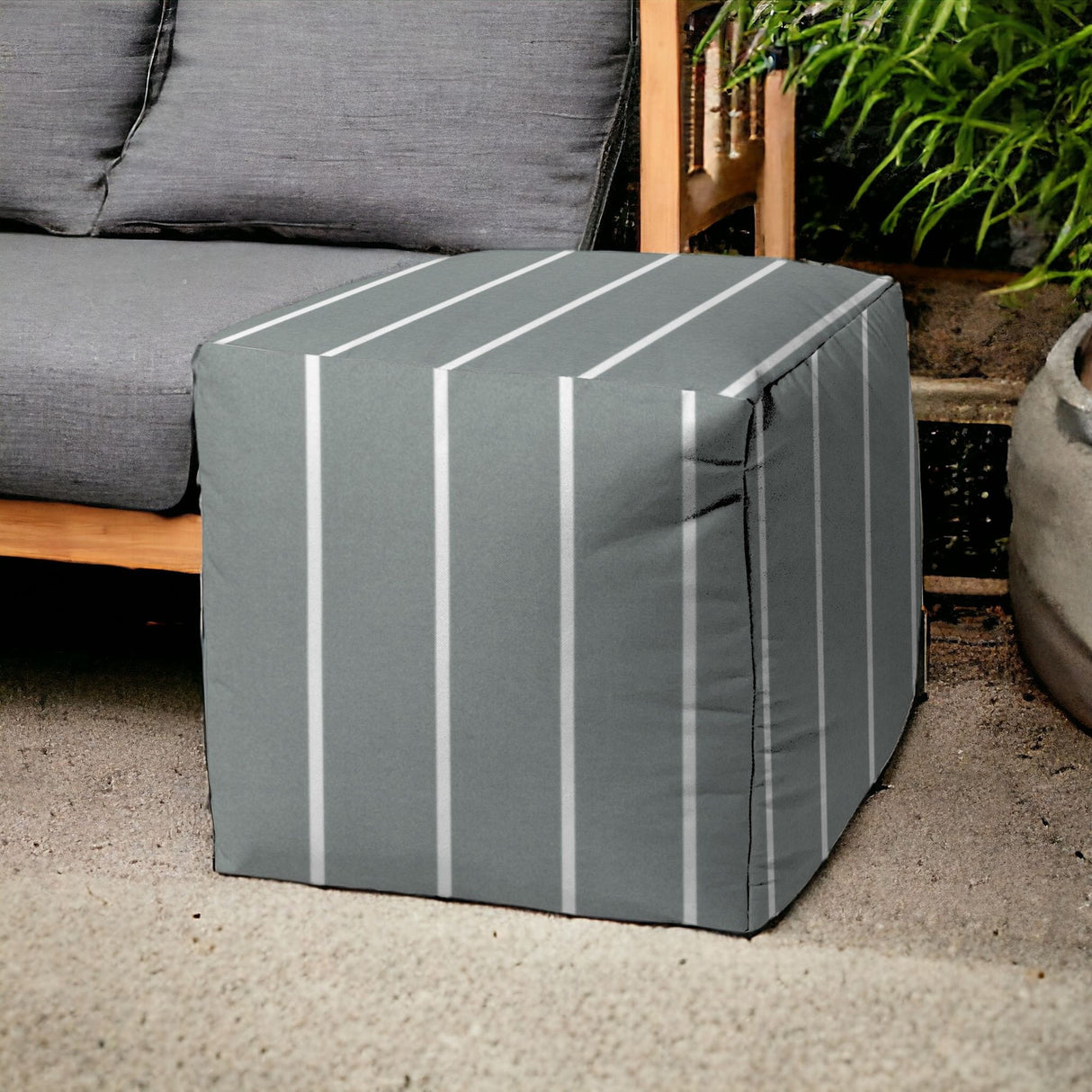 17" Taupe Cube Striped Indoor Outdoor Pouf Cover