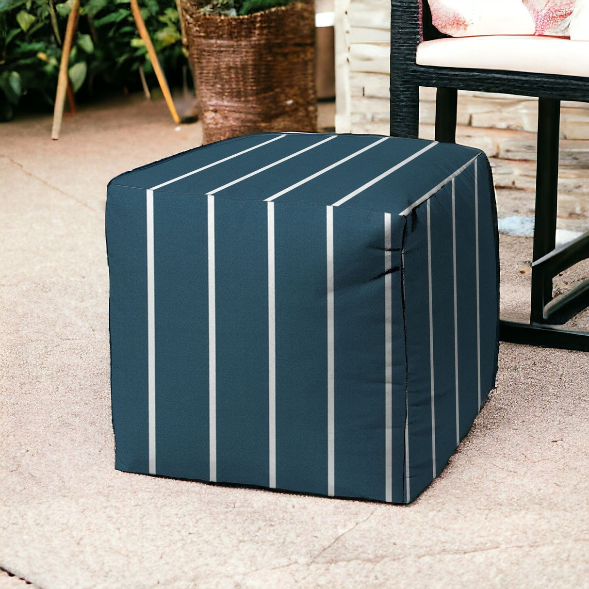 17" Blue Cube Striped Indoor Outdoor Pouf Cover