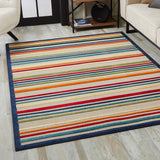 2' X 4' Ivory And Blue Striped Stain Resistant Indoor Outdoor Area Rug