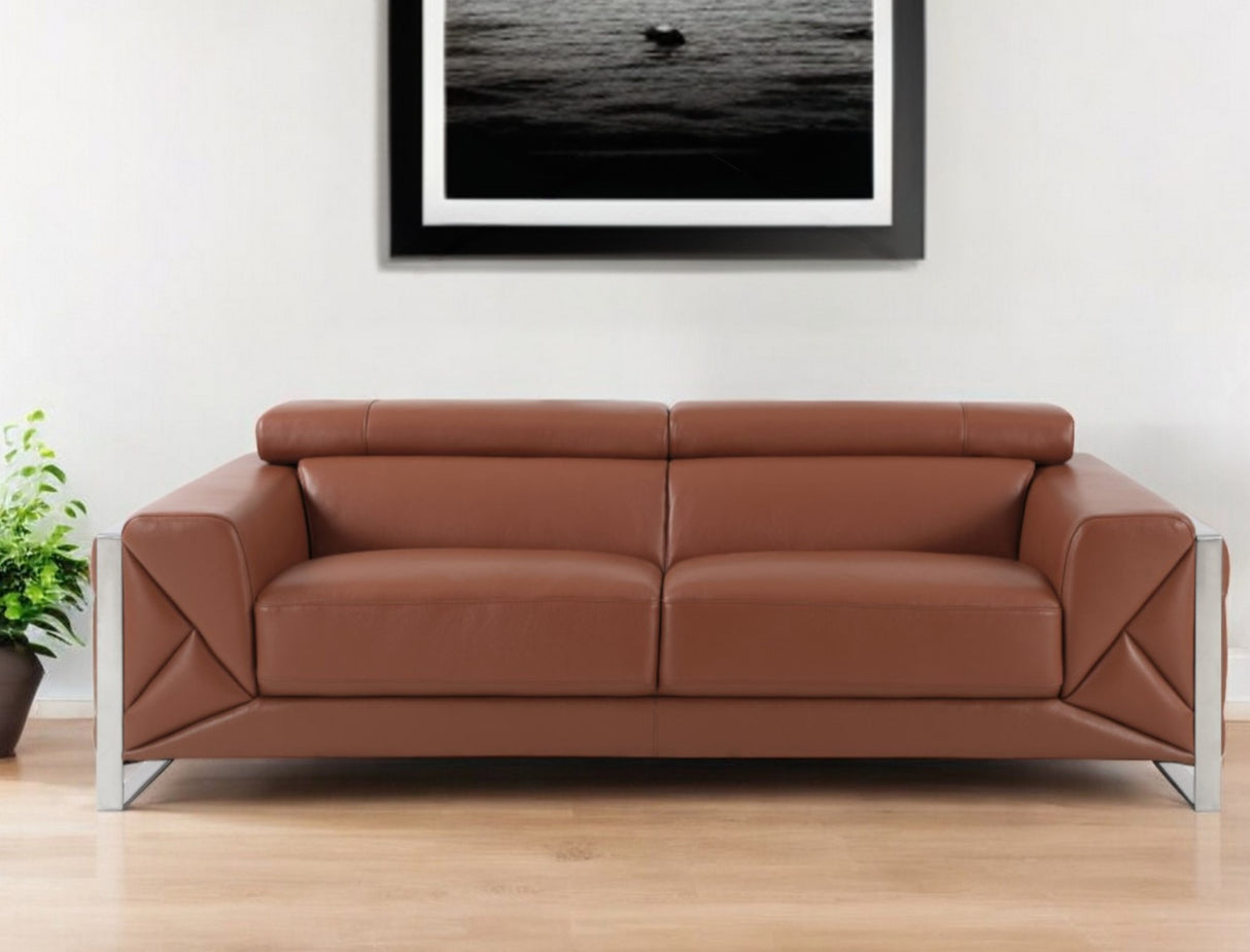 89" Camel Italian Leather Sofa With Silver Legs