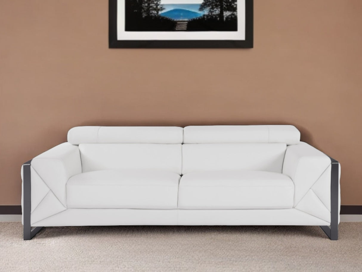 89" White Italian Leather Sofa With Chrome Legs