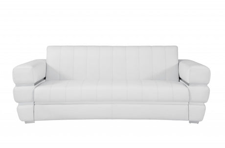 89" White Italian Leather Sofa With Silver Legs