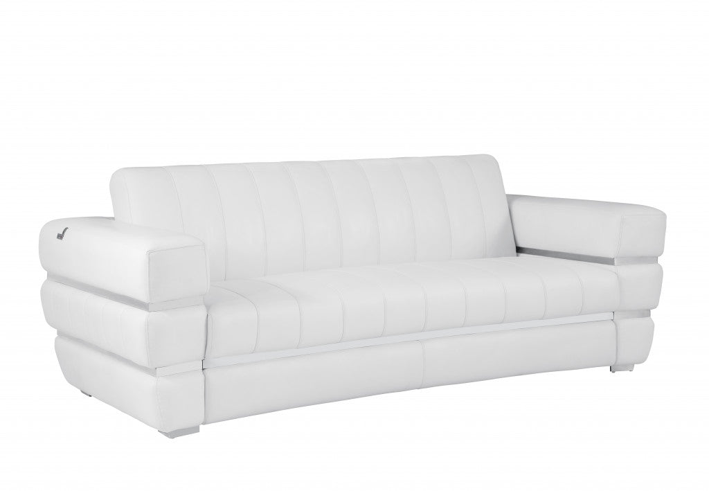 89" White Italian Leather Sofa With Silver Legs