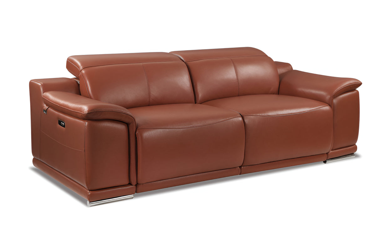 86" Camel Italian Leather USB Reclining Sofa With Silver Legs