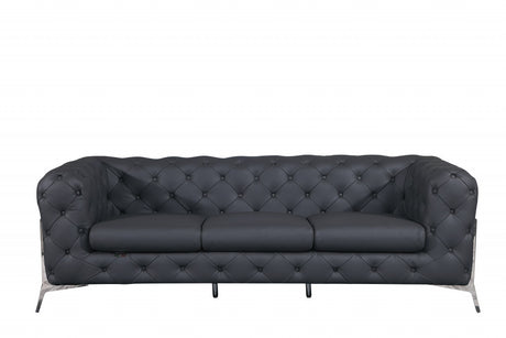 93" Dark Gray Italian Leather Chesterfield Sofa With Silver Legs