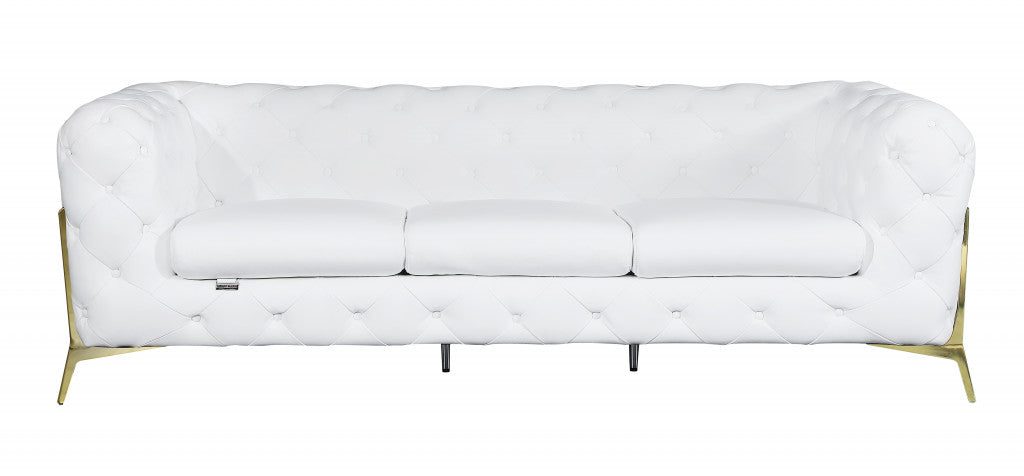 93" White Italian Leather Chesterfield Sofa With Silver Legs