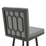 30" Gray And Black Faux Leather And Iron Swivel Bar Height Bar Chair