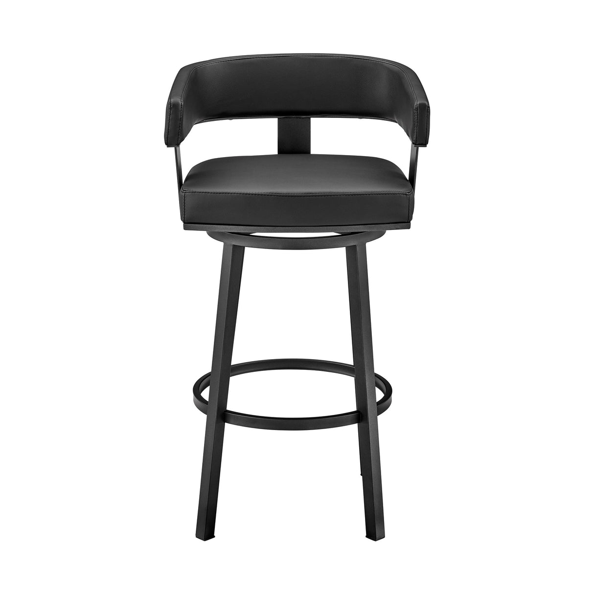 30" Black Faux Leather And Iron Swivel Low Back Bar Height Bar Chair