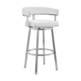 26" White And Silver Faux Leather And Stainless Steel Low Back Counter Height Swivel Bar Chair