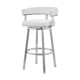 26" White And Silver Faux Leather And Stainless Steel Low Back Counter Height Swivel Bar Chair