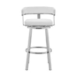 26" White And Silver Faux Leather And Stainless Steel Low Back Counter Height Swivel Bar Chair