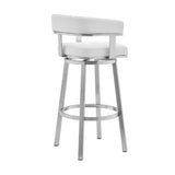 26" White And Silver Faux Leather And Stainless Steel Low Back Counter Height Swivel Bar Chair