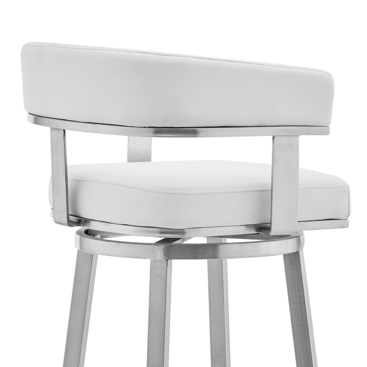 26" White And Silver Faux Leather And Stainless Steel Low Back Counter Height Swivel Bar Chair