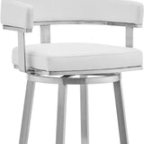 30" White and Silver Faux Leather Stainless Steel Low Back Bar Height Swivel Bar Chair