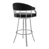 26" Black And Silver Faux Leather And Iron Swivel Low Back Counter Height Bar Chair