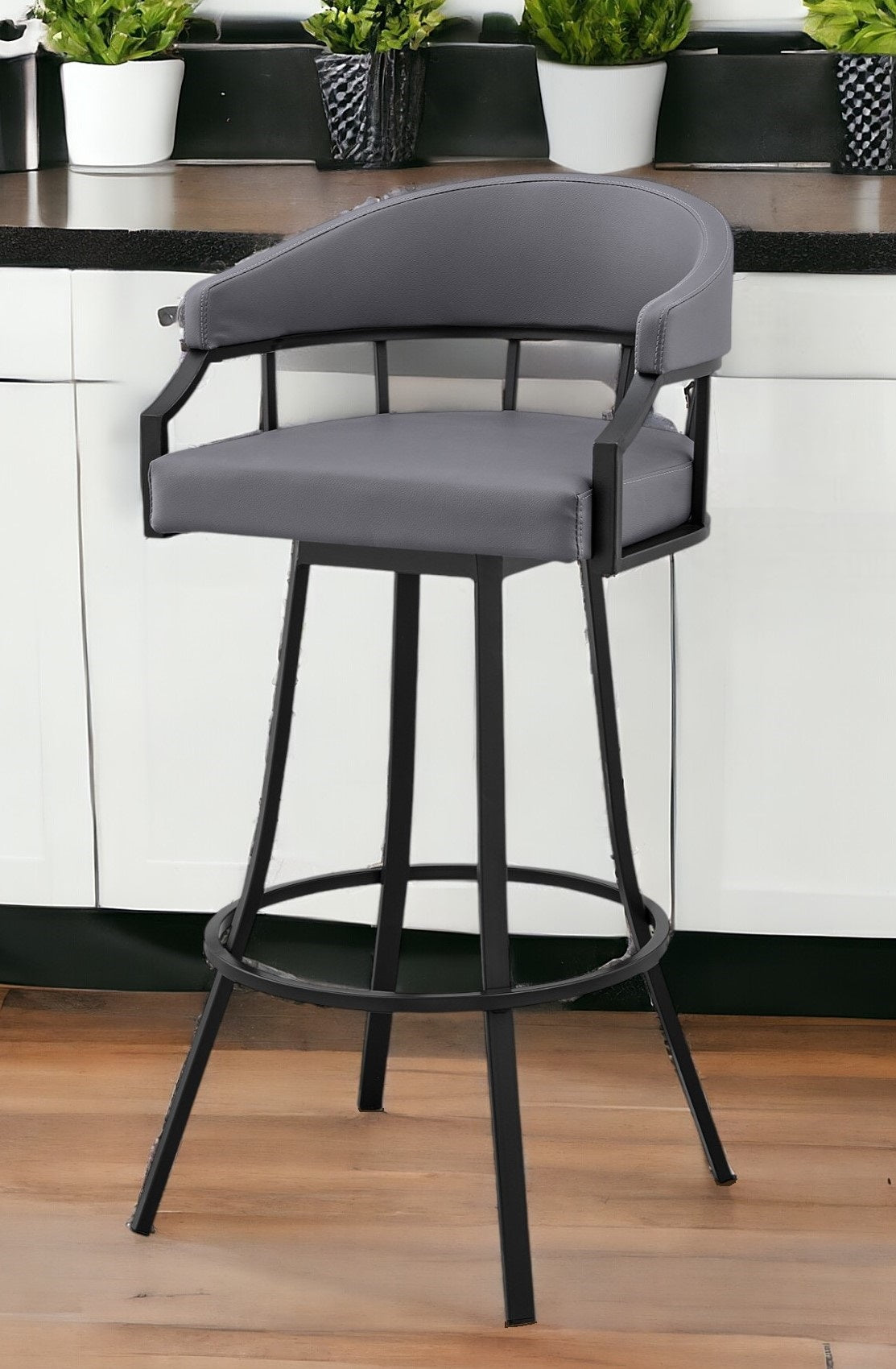 26" Slate Gray and Black Steel Low Back Counter Height Swivel Bar Chair