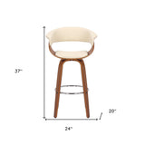 27" Cream And Brown Solid Wood Swivel Low Back Counter Height Bar Chair