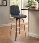 31" Gray and Brown Faux Leather and Solid and Manufactured Wood Bar Height Swivel Bar Chair