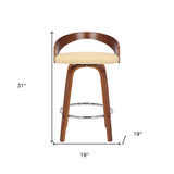 26" Cream and Brown Faux Leather and Solid Wood Low Back Counter Height Swivel Bar Chair