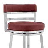 26" Red And Silver Faux Leather And Iron Swivel Low Back Counter Height Bar Chair