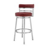 26" Red And Silver Faux Leather And Iron Swivel Low Back Counter Height Bar Chair