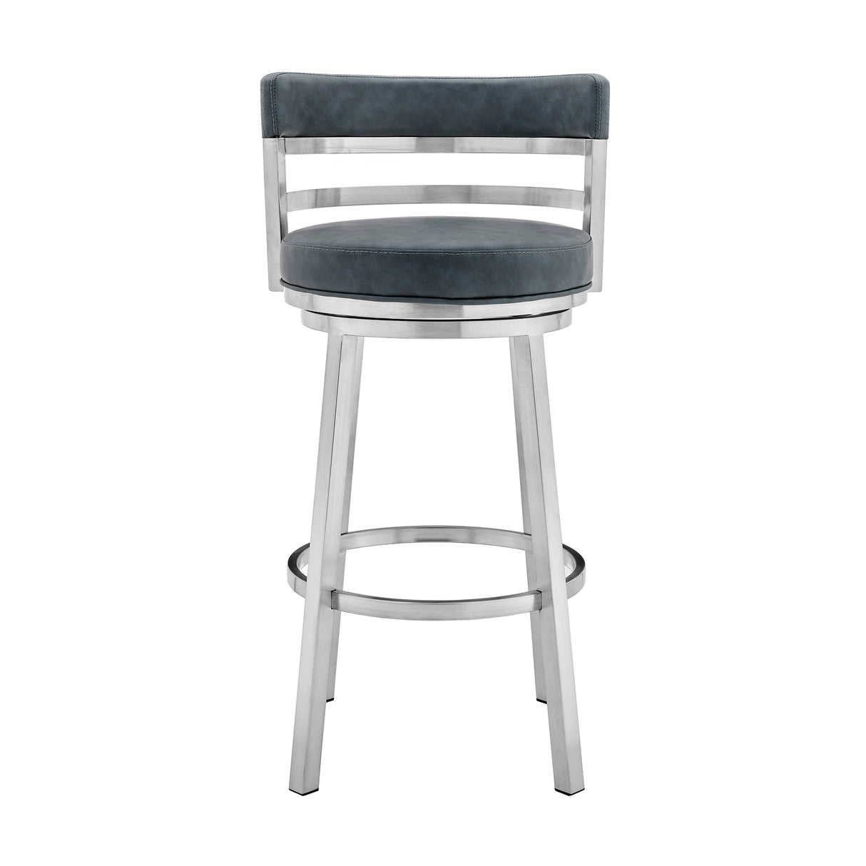 26" Blue and Silver Faux Leather and Stainless Steel Low Back Counter Height Swivel Bar Chair