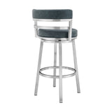 26" Blue and Silver Faux Leather and Stainless Steel Low Back Counter Height Swivel Bar Chair