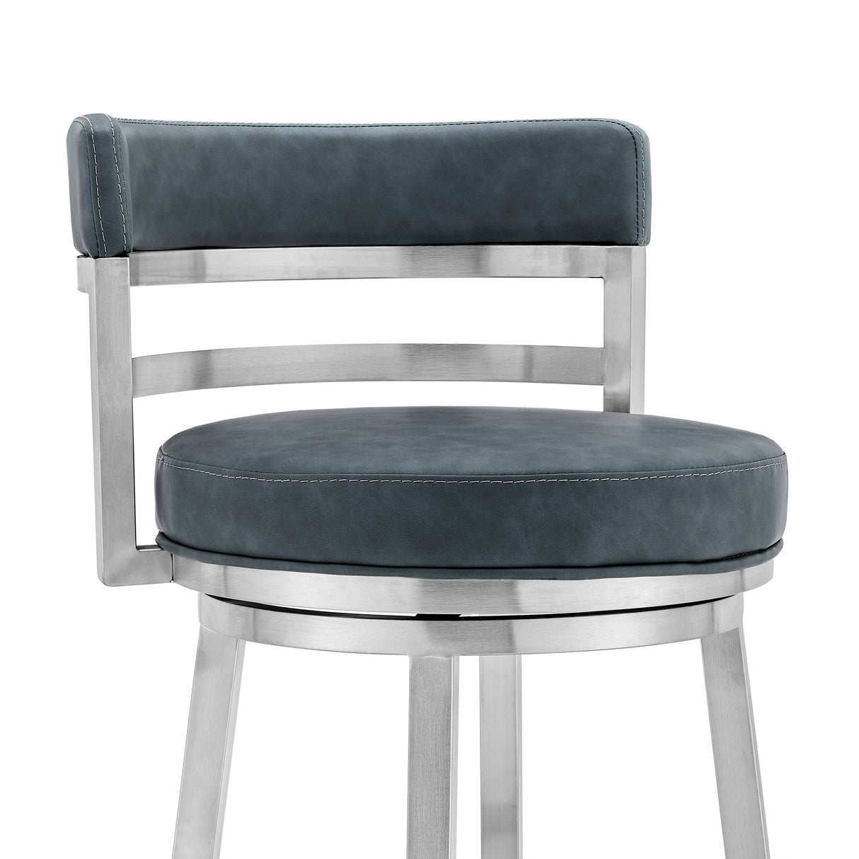 26" Blue and Silver Faux Leather and Stainless Steel Low Back Counter Height Swivel Bar Chair