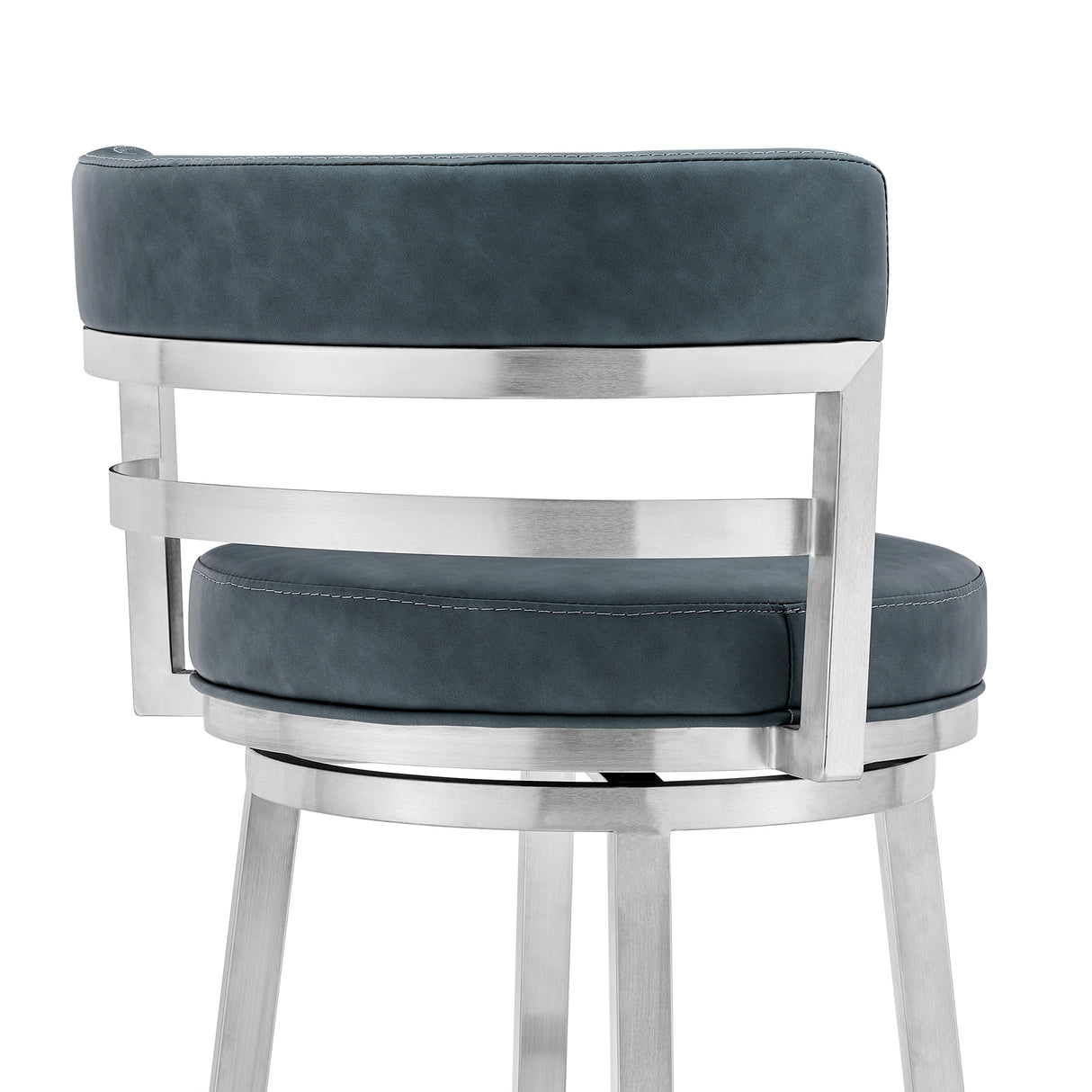 26" Blue and Silver Faux Leather and Stainless Steel Low Back Counter Height Swivel Bar Chair