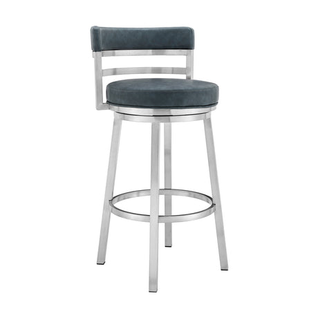 26" Blue and Silver Faux Leather and Stainless Steel Low Back Counter Height Swivel Bar Chair