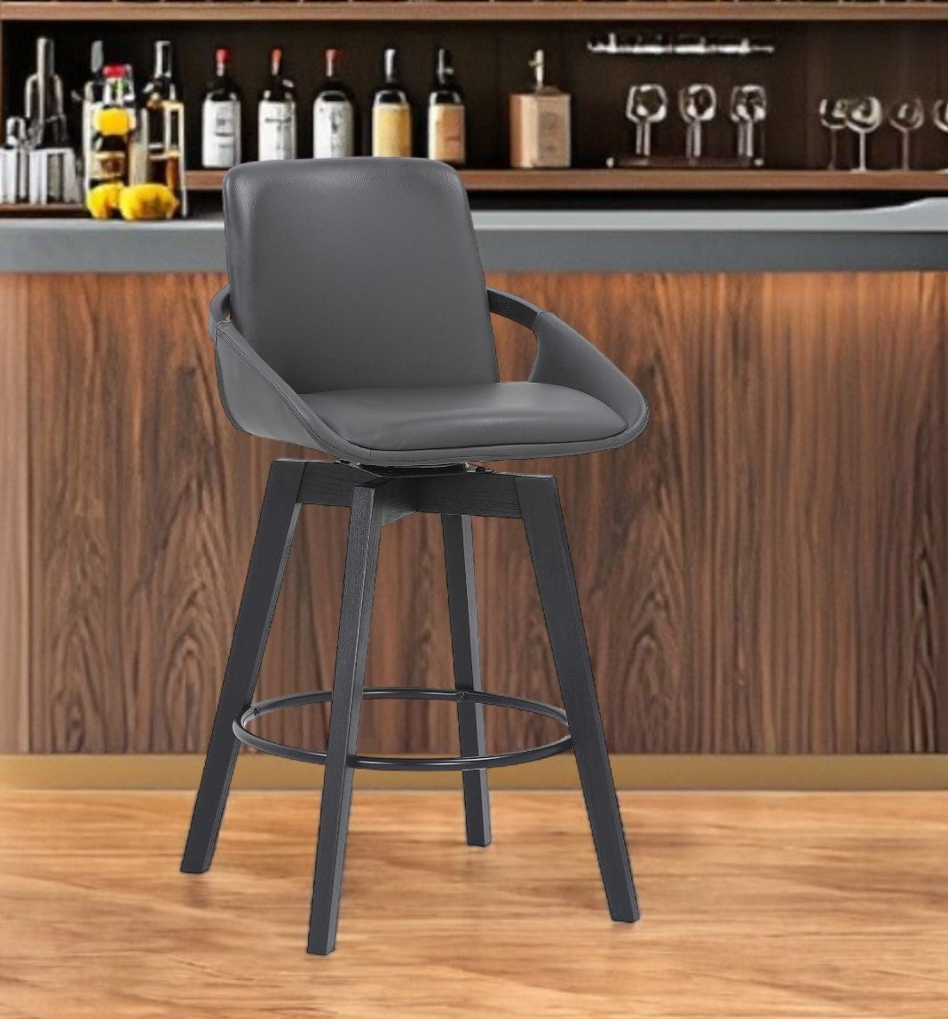 27" Gray and Black Faux Leather Low Back Bar Height Swivel Bar Chair