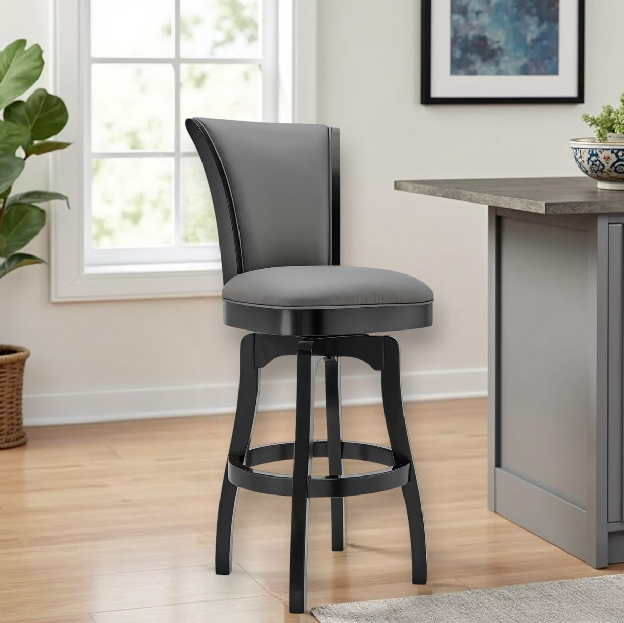 26" Gray and Black Faux Leather and Iron Counter Height Swivel Bar Chair