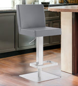 24" Gray and Silver Faux Leather and Iron Adjustable Height Swivel Bar Chair