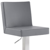 24" Gray and Silver Faux Leather and Iron Adjustable Height Swivel Bar Chair