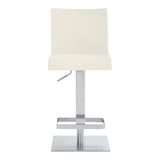 24" White And Silver Faux Leather And Iron Swivel Adjustable Height Bar Chair