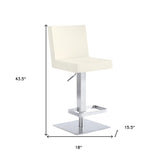 24" White And Silver Faux Leather And Iron Swivel Adjustable Height Bar Chair