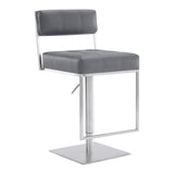 25" Gray And Silver Faux Leather And Iron Swivel Low Back Adjustable Height Bar Chair