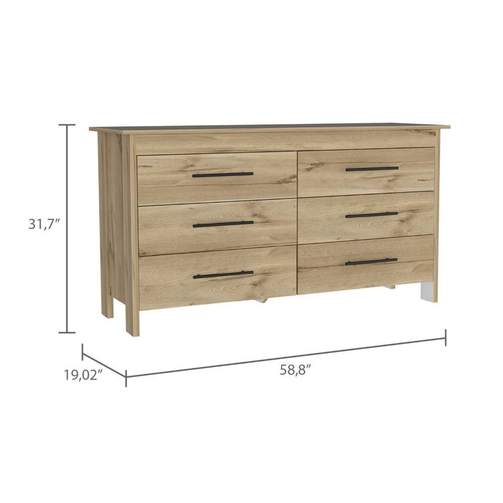 59" Natural and Black Six Drawer Double Dresser