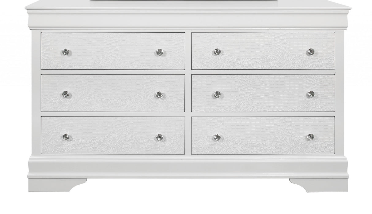 58" Metallic White Solid Wood Six Drawer Double Dresser